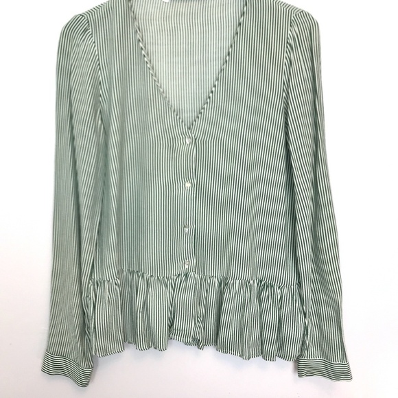 Zara Trafaluc Green/White V-Neck Peplum Blouse M - Picture 2 of 8